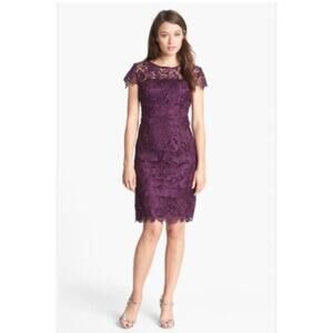 NEW Patra Women's 8 Mini Dress Crocheted Venise Purple Metallic Lace Shift Dress